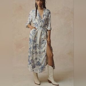Anthropologie Pilcro V-Neck Wrap Midi Dress Floral Blue White XL Pockets